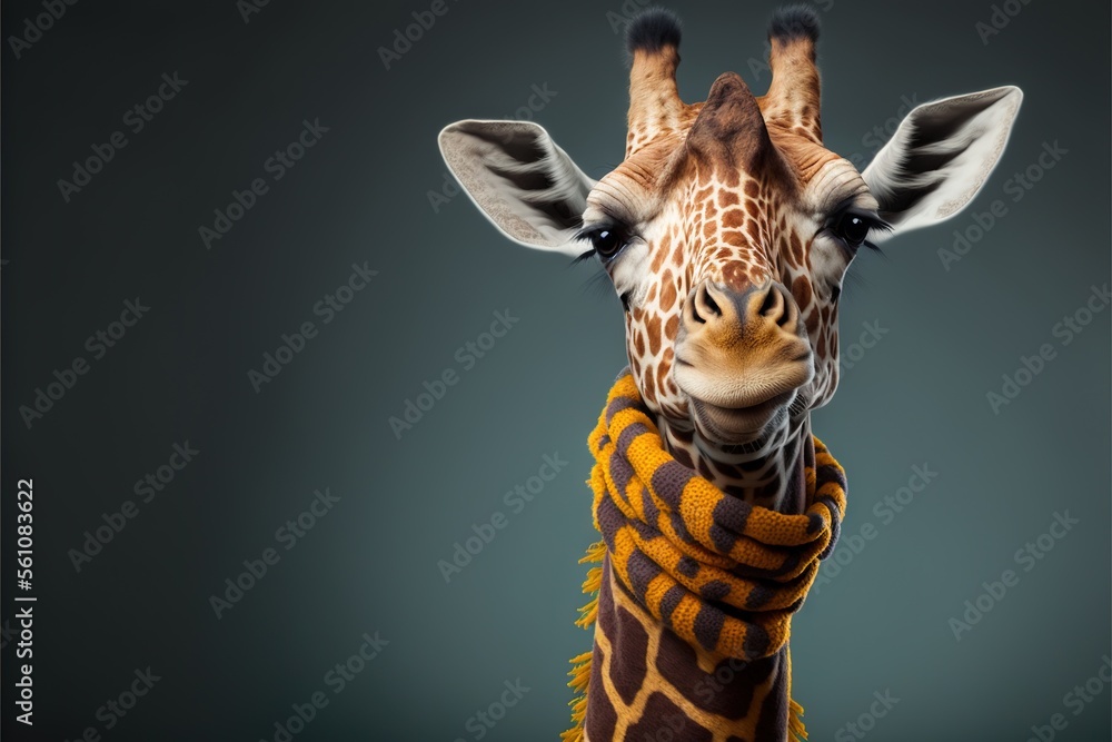 Poster a giraffe with a scarf around its neck looking at the camera with a black background behind it and a