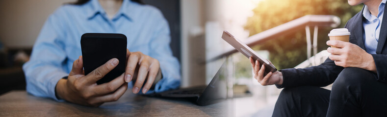 Businessman using mobile smart phone. Business global internet connection application technology and digital marketing, Financial and banking, Digital link tech, big data.