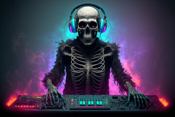 DJ Skull with headphones. Generated AI image - obrazy, fototapety, plakaty