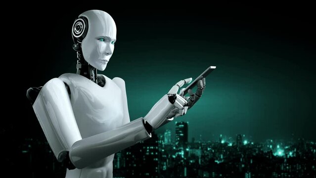Futuristic robot artificial intelligence huminoid AI programming coding technology development and machine learning concept. Robotic bionic science research for future of human life. 3D rendering.