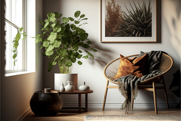 Modern home interior with rattan furniture and dry plant in vase, 3d render