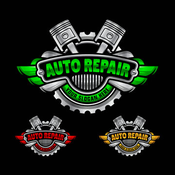 Auto Repair Logo. Combination of automobile tools gear, and piston. Perfect logo for the automotive industry.