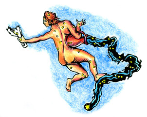 zodiac sign Aquarius hand drawing woodcut style with colored pencil