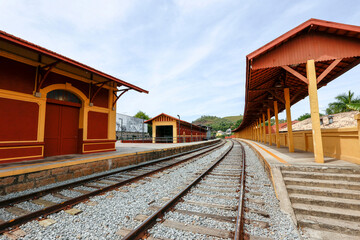 Fototapeta na wymiar Old train station on Guararema, city in Sao Paulo state. Typical of the railways of southern Brazil