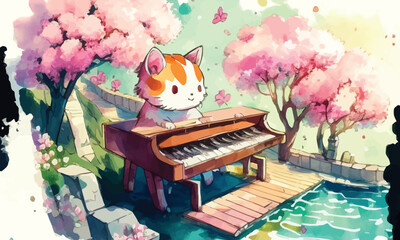 Fototapeta cute anthropomorphic cat playing the piano obraz