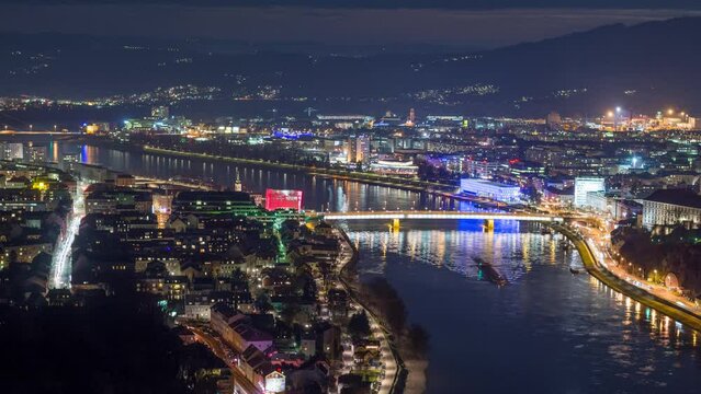 City night timelapse. View over Linz, Austria