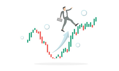Vector image of a person running along an upward quote. The concept of successful trading