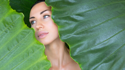 Beautiful woman and tropical leaves. summer wellness