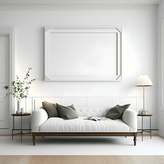 Blank poster frame mockup in modern white clean interior furniture, living room, modern contemporary style, minimalistic