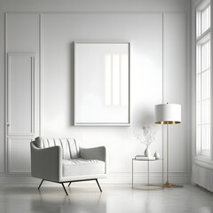 Blank poster frame mockup in modern white clean interior furniture, living room, modern contemporary style, minimalistic