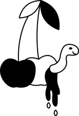 Tattoo cherry with worm in the style of the 90s, 2000s. Black and white single object illustration.
