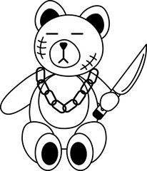 Tattoo bear with knife in the style of the 90s, 2000s. Black and white single object illustration.