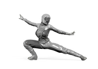 cosmonaut girl is doing a kung fu fighter pose on white background