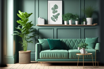 Stylish interior of living room with mint sofa, design furnitures, plants, pillow, elegant accessories, mock up poster frame and green wood panelling with shelf in modern home decor