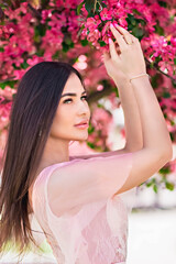 Pink flowers garden girl trees mood happiness, tourism in Asia, blooming traditional seasonal background April