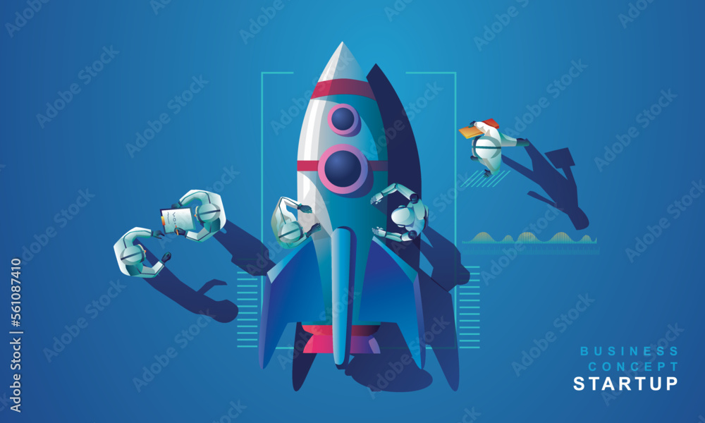 Poster a rocket top view virtual reality business people and a development team gathered to create a small 