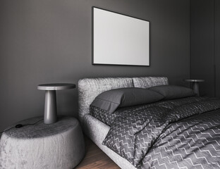 Grey sleeping room. Bed on dark wooden floor. Minimalist design of bedroom with mock up picture frame. 3d rendering no people. High quality 3d illustration