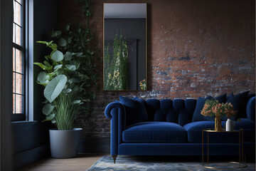The interior of a modern living room with a dark blue sofa next to a brick wall on which a horizontal poster hangs, in the background you can see a mirror above the cabinet with flowers. 3d render