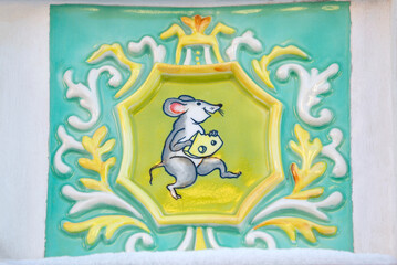 Tile tiles in the design of the Mouse Palace. Myshkin, Yaroslavl region