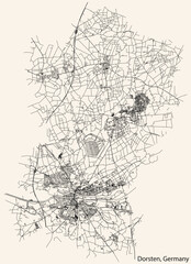 Fototapeta na wymiar Detailed navigation black lines urban street roads map of the German town of DORSTEN, GERMANY on vintage beige background