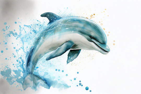 Dolphin watercolour sketch of the marine animal leaping and jumping from the ocean surface of the sea and is an intelligent social creature, computer Generative AI stock illustration image