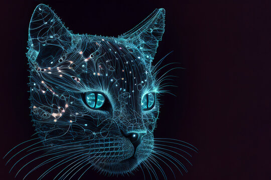Neural network of a cat brain with big data and artificial intelligence circuit board in the head of a blue feline, outlining concepts of a digital brain, computer Generative AI stock illustration