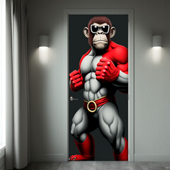 Muskulärer Affe mit rotem Anzug und Sonnenbrille (Affe als Türsteher) Spiegelbild Generativ KI