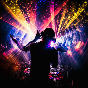 Disco Party Club DJ Lichter Laser Mischpult Konfetti gute Stimmung feiern nachts tanzen Generativ KI