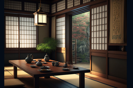 Traditional Japanese Tea Room Interior With Tatami Mats.3d Rendering