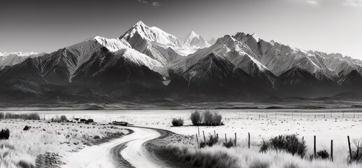 Black and White Snowy Mountains in the distance with dirt road, country side, Idaho, Pacific Northwest