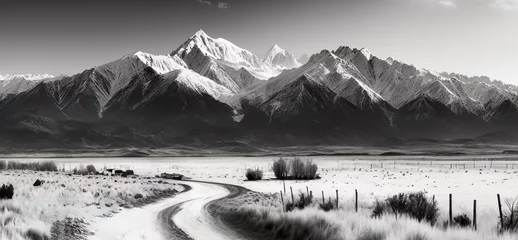 Poster Im Rahmen Black and White Snowy Mountains in the distance with dirt road, country side, Idaho, Pacific Northwest © Andr