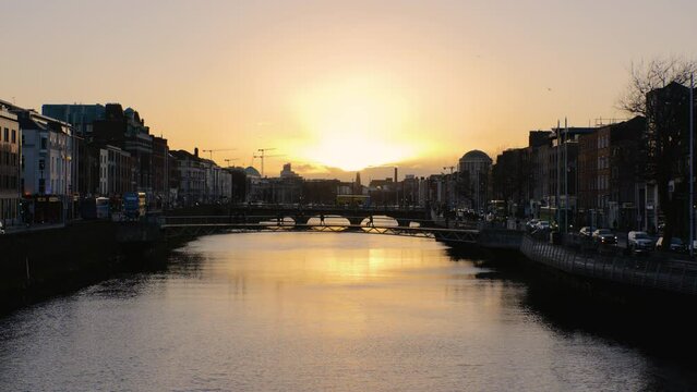 Sunset Over Dublin Canal, View At Sundown