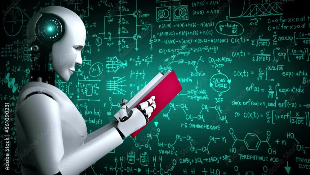Aufkleber 3d rendering of robot hominoid reading book and solving math data analytics in concept of future mat