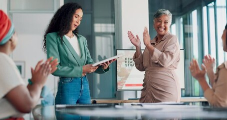 Applause, award and success with business woman in meeting for goal, thank you and winner. Celebration, praise and promotion with business people and certificate for support, achievement and branding