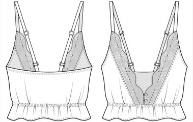 DEEP V NECKLINE WITH LACE DETAIL AND ADJUSTABLE STRAP WITH ELASTICATED HEM FOR  WOMEN AND TEEN GIRLS IN EDITABLE VECTOR FILE