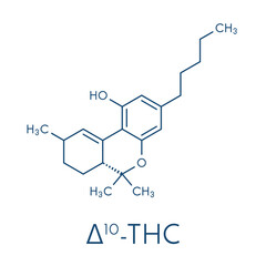 Delta-10-tetrahydrocannabinol (D10-THC) molecule. Isomer of Delta-9-THC. Skeletal formula.