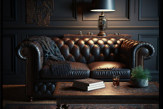 Vintage dark living room interior close up with leather sofa.3d rendering