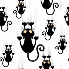 Fototapete Zeichnung Funny and Confused Naughty Cat Cartoon Character hanging on, and scratching fabric, or curtain, or wall. Assembled to compose a Vector Seamless Repeat Pattern Background.   