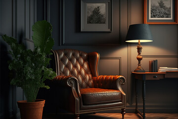 Vintage dark living room interior close up with leather sofa.3d renderingVintage dark living room interior with leather sofa armchair table and lamp.3d renderingVintage dark living room interior with 