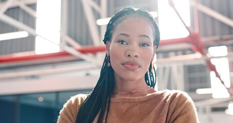 Portrait, leader and business woman with a vision for startup, goal and future, proud and ambition. Face, black woman and black business owner with positive attitude, mindset and mission in office