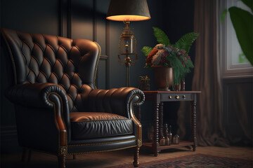 Vintage dark living room interior close up with leather sofa.3d renderingVintage dark living room interior with leather sofa armchair table and lamp.3d renderingVintage dark living room interior with 