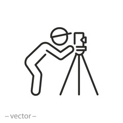 land surveyor icon, measure with alignment laser tripod, engineering survey specialist, geodesy work, thin line symbol - editable stroke vector illustration - obrazy, fototapety, plakaty