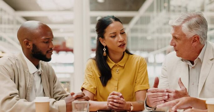 Collaboration, strategy and communication of business people at meeting brainstorming in corporate office. Planning, innovation and conversation of interracial work team in workspace with senior boss