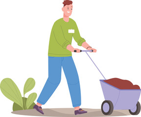 Volunteer gardening. Man pushing wheelbarrow with soil