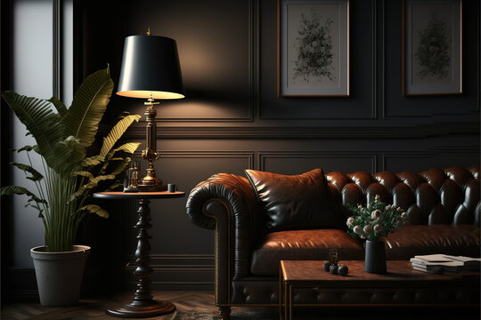 Vintage dark living room interior close up with leather sofa.3d renderingVintage dark living room interior with leather sofa armchair table and lamp.3d renderingVintage dark living room interior with 