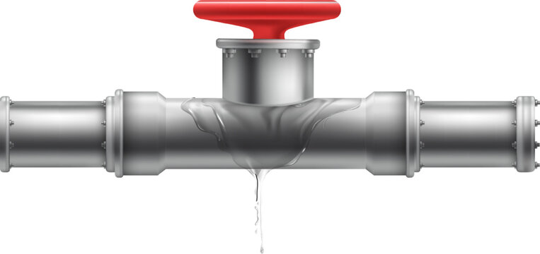 Metal pipe with red valve. Realistic pipeline element