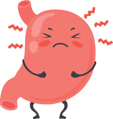 Stomach pain. Red mascot with suffering face