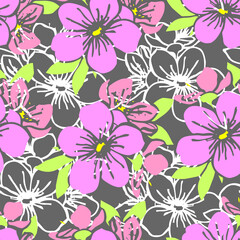 Fototapeta na wymiar seamless pattern of pink silhouettes and white contours of flowers on a gray background, texture, design