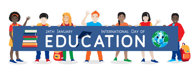 International Day of Education, 24 January vector poster. Group of diverse happy school kids stand holding banner, stack of books, Earth globe, graduation hat, schoolbag. Isolated at white background
