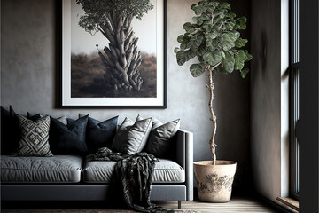 Plant next to grey corner sofa in african living room interior with poster and pouf. Real photo